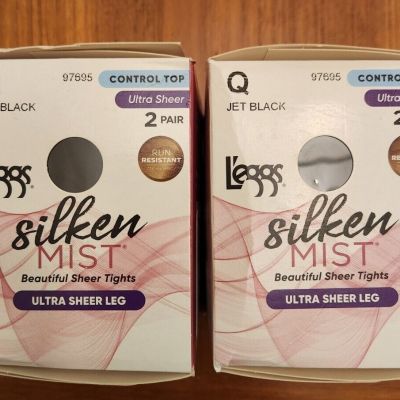 Leggs Silken Mist 4 PAIR / JET BLACK / Q Control Top Ultra Sheer Tights 97695